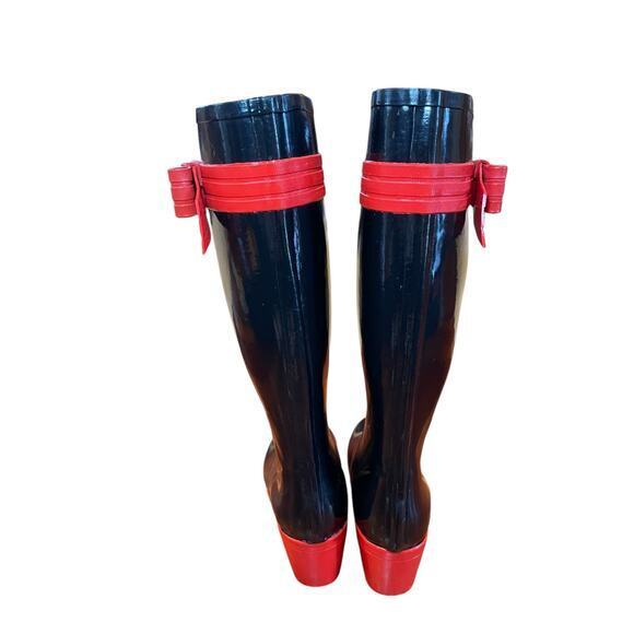 Kate Spade Women 9 Randi Black and Red Bow Heel Rain Boots Shiny Black Rain Boot - Picture 5 of 16
